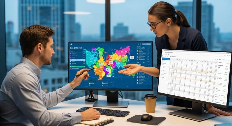 Sales operations specialist collaborating with a colleague to analyze sales data, showcasing the critical role of sales operations specialists in managing and interpreting business metrics.