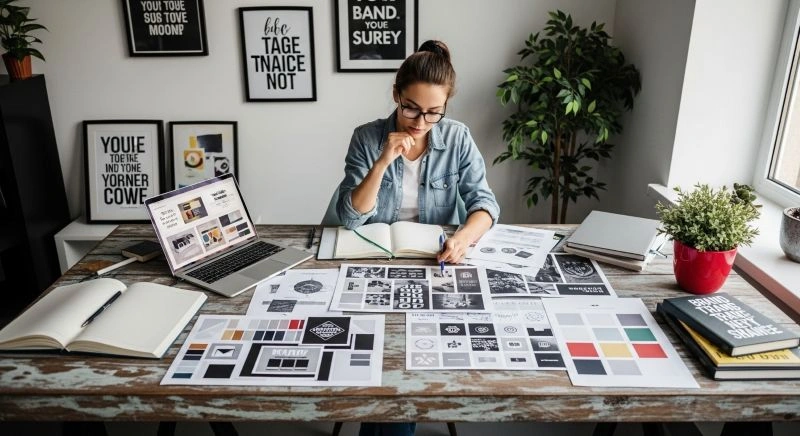 A branding specialist reviewing brand guidelines on a computer screen, showcasing their role in ensuring consistency and clarity across brand messaging and visual identity."