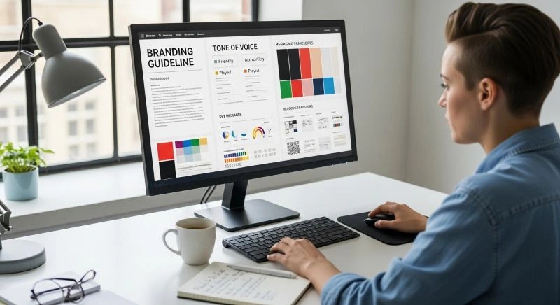 A team of professionals collaborating in a brand strategy meeting, with a brand specialist leading the discussion on brand positioning and marketing techniques