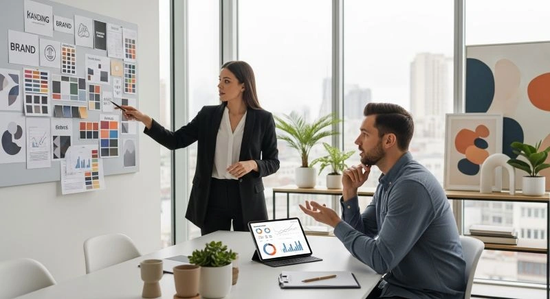 A brand development specialist discussing brand strategies with a colleague, illustrating the process of refining and developing a brand's identity and growth direction.