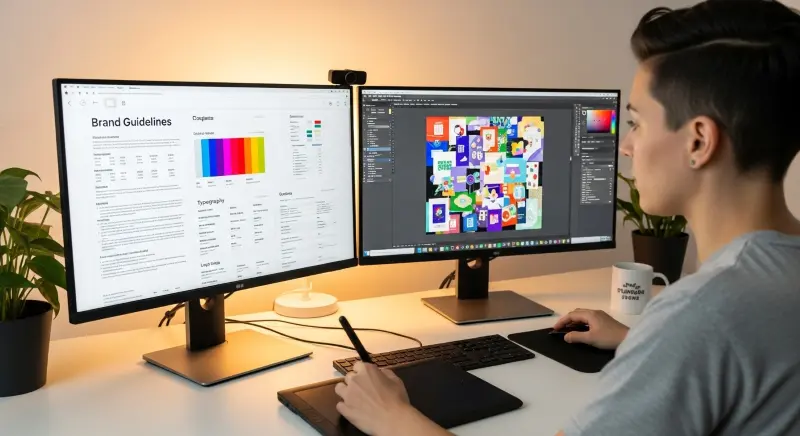 A graphic designer working with dual monitors, showcasing the professional approach to outsourced graphic design services.