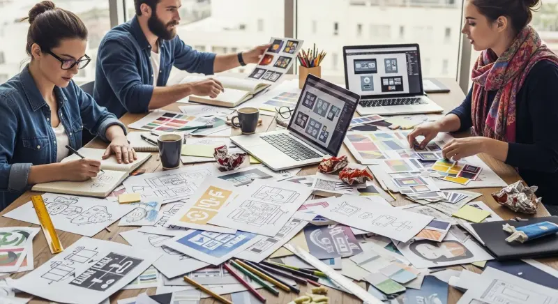 A team of graphic designers collaborating on various creative projects, highlighting the value of graphic design outsourcing for businesses