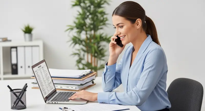 A property management assistant coordinating tasks over the phone, showcasing the multitasking capabilities of a virtual assistant for property management.