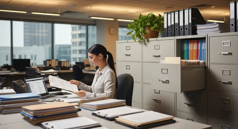 A property management virtual assistant organizing documents in an office, illustrating the role of virtual assistants in managing property-related tasks.