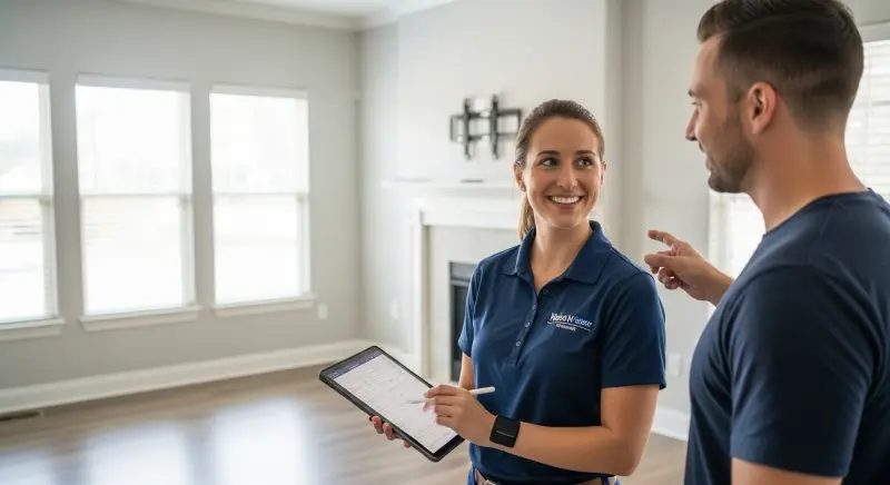 A virtual assistant for property management providing key information to a client using a tablet, highlighting the versatility and efficiency of property management assistants.