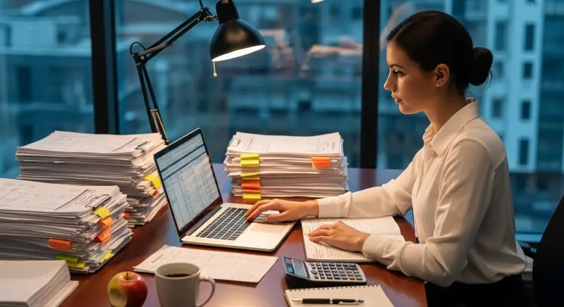 A financial assistant managing complex paperwork and spreadsheets, highlighting the organizational role of financial administrative assistants.