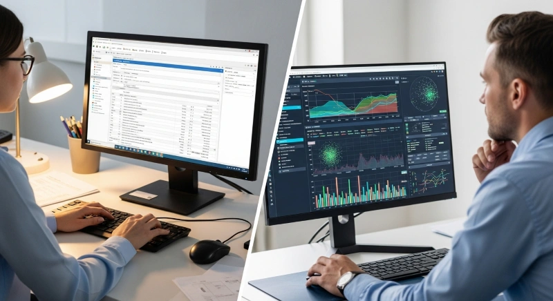 A professional working with data entry tasks on a computer, highlighting the repetitive and organized nature of data entry vs data analysis.