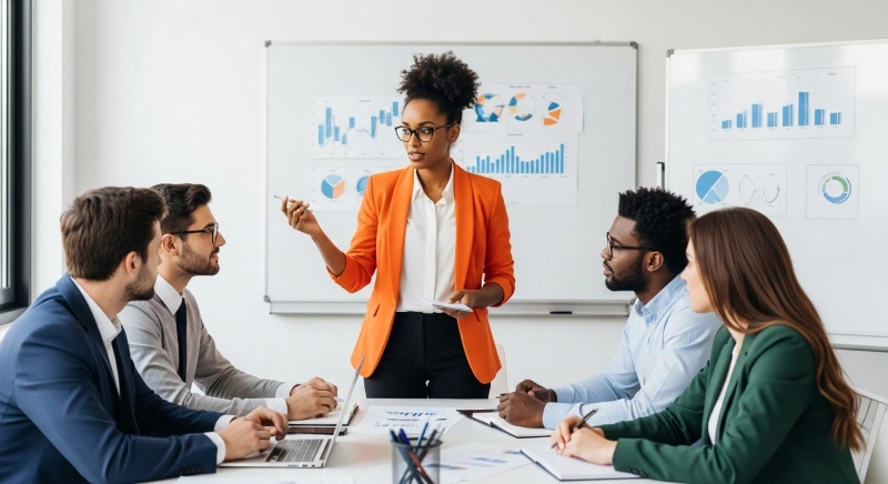 A data analyst presenting data insights in a meeting, showcasing the decision-making role of data analysis compared to data entry.