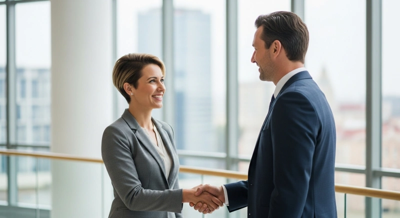 Two professionals shaking hands, symbolizing successful customer support outsourcing partnerships.