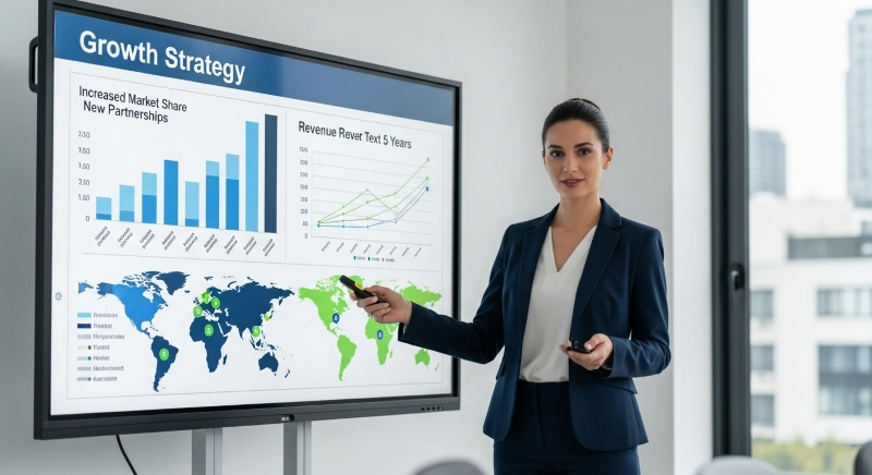 A presentation of growth strategy data, showcasing the role of outsourcing customer service and support for business expansion.