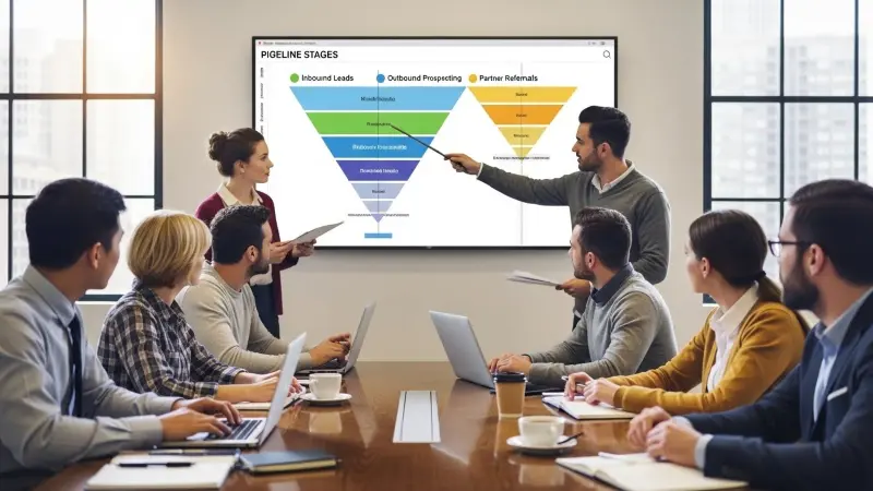 Sales team reviewing pipeline stages and prospecting flows during a strategy session focused on sdr vs bdr roles.