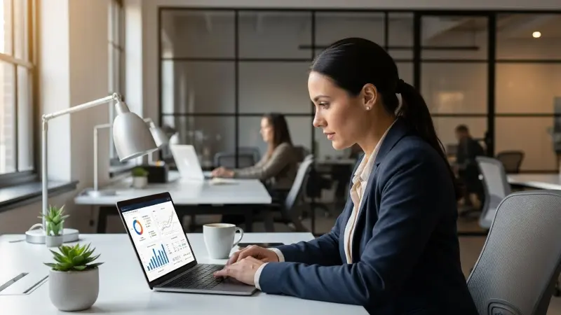 CRM manager analyzing customer performance data on a laptop while working in a modern office environment.