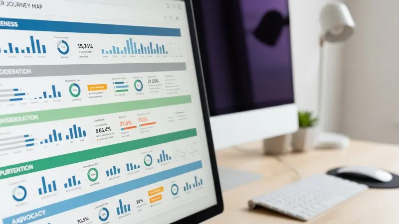 CRM manager dashboard displaying customer journey metrics, conversion rates, and performance analytics on a desktop screen.