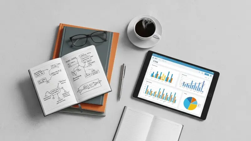 CRM manager reviewing sales and customer relationship reports on a tablet alongside notes and planning materials.