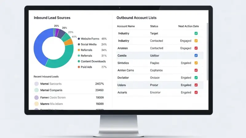 CRM dashboard comparing inbound lead sources and outbound account lists to explain sdr vs bdr performance tracking.