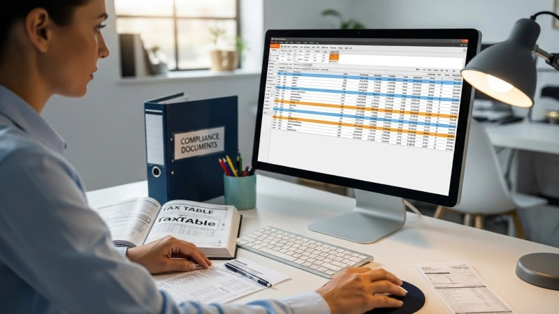 Payroll specialist reviewing salary calculations and tax tables on a desktop computer in an office setting.