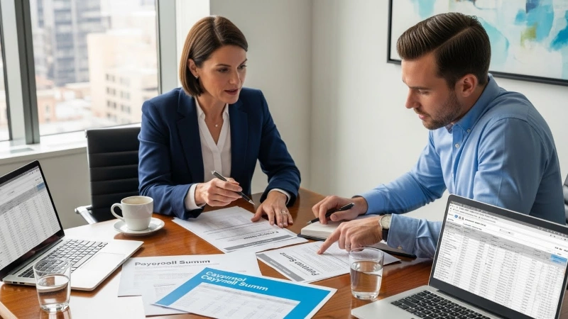 Payroll specialist consulting with a client while reviewing payroll summaries and compliance documents.
