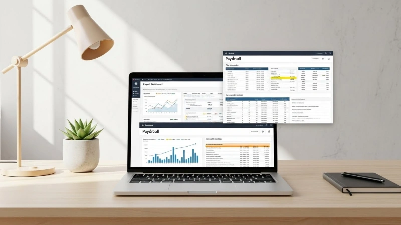 Payroll specialist monitoring payroll performance and employee payment data through a digital payroll dashboard.