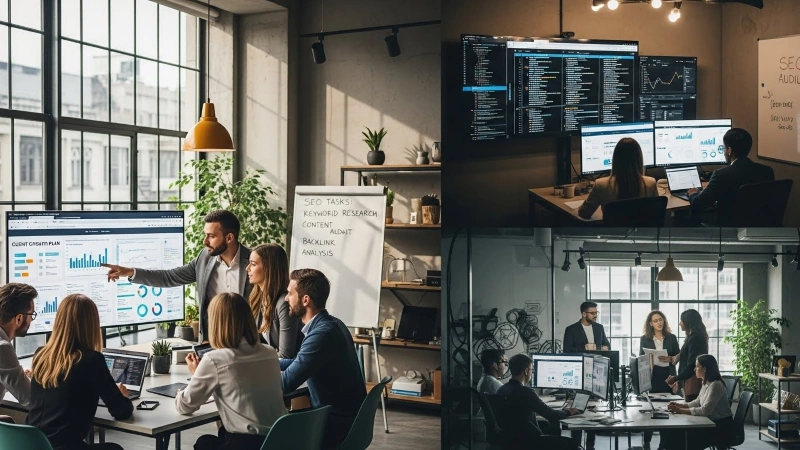 Digital marketing team reviewing analytics and strategy during a collaborative seo outsourcing project.