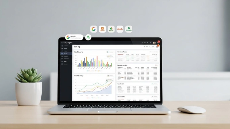 SEO analytics dashboard on a laptop showing performance metrics managed through seo outsourcing services.
