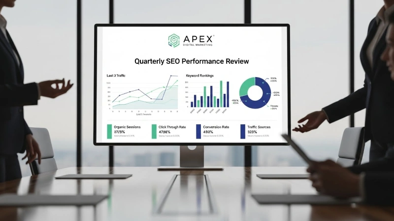 Business meeting reviewing keyword rankings and traffic growth results from an seo outsourcing strategy.