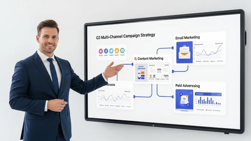 Digital marketing strategist presenting a multi-channel campaign strategy and performance metrics on a screen.