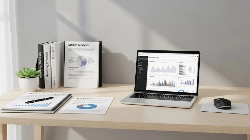 Digital marketing strategist workspace with market analysis reports and performance dashboards on a laptop.