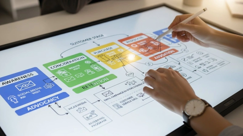 Digital marketing strategist mapping the customer journey and conversion funnel on an interactive digital display.